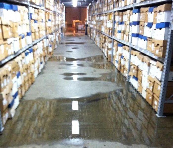 Standing water in a warehouse.