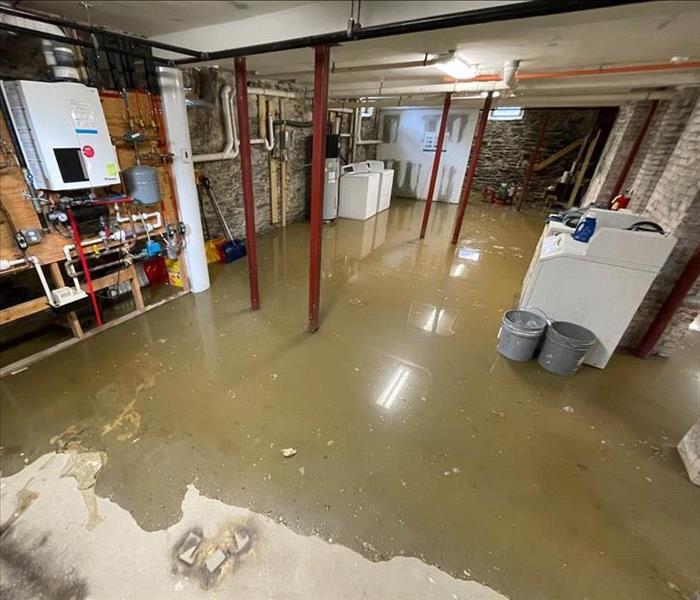 Standing water in a flooded basement. 